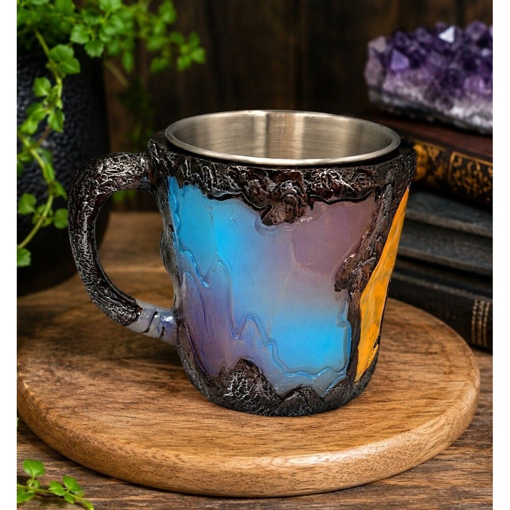 Geode Agate Style Resin Coffee Mug Stainless Steel Liner Blue Yellow Crystal